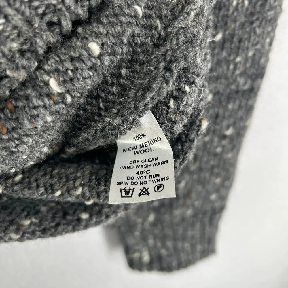 ARAN Sweater Mens S Irish Speckled 100% Merino Wool 1/4 Zip Pullover Jumper Gray